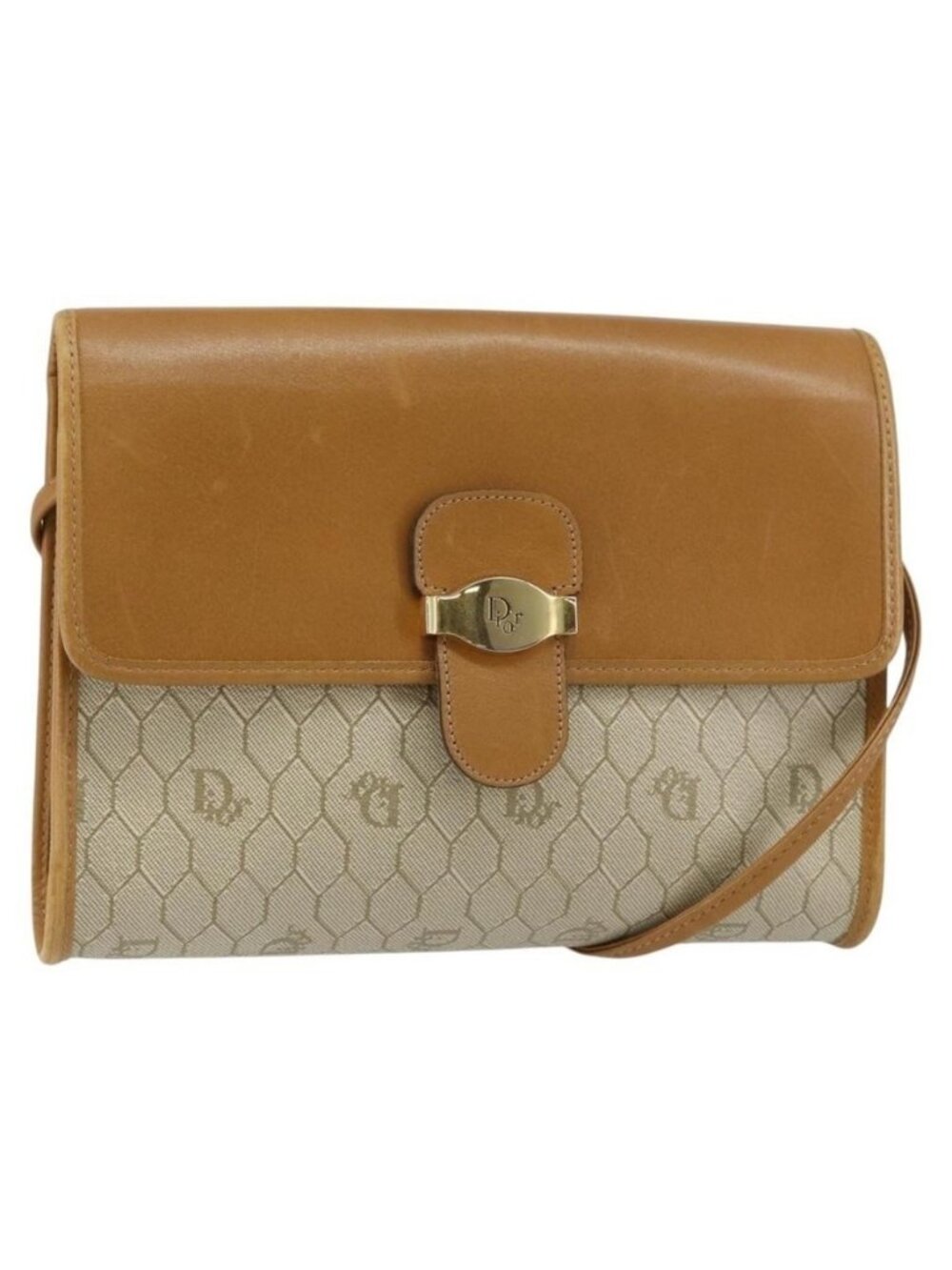 Authentic Christian Dior Honeycomb Canvas Shoulder Bag PVC Leather Beige Gold